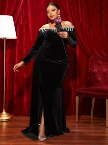 YISIKADO Vestido de hombros descubiertos con fruncido lateral con diseño de diamante de imitación de muslo con abertura de terciopelo - Negro - Ver 3