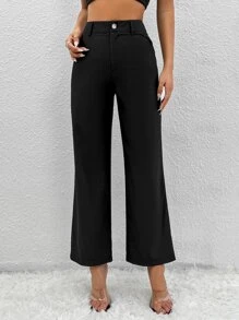 SHEIN PETITE Quần nữ Nút Dây kéo màu trơn Giải trí - màu đen - Xem 1