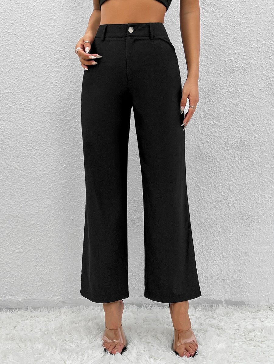 SHEIN PETITE Quần nữ Nút Dây kéo màu trơn Giải trí - màu đen - Xem 1