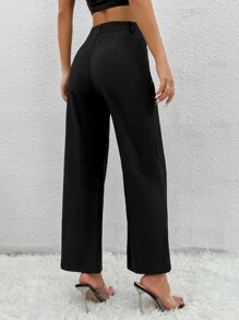 SHEIN PETITE Quần nữ Nút Dây kéo màu trơn Giải trí - màu đen - Xem 2