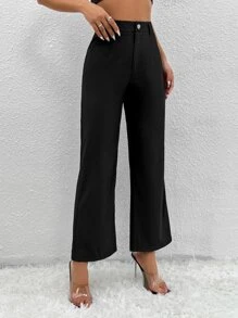 SHEIN PETITE Quần nữ Nút Dây kéo màu trơn Giải trí - màu đen - Xem 4