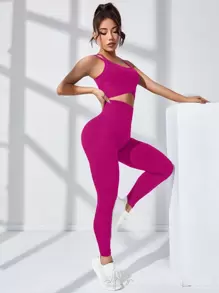 Easithlete 2 件无缝高弹力瑜伽套装运动套装交叉吊带收腹泡泡臀聚拢紧身裤农历新年健身女士套装 - 中紫紅色 - 查看 3