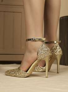 Sequin Decor Metallic Detail Ankle Strap Pumps - Gold - View 2
