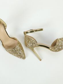 Sequin Decor Metallic Detail Ankle Strap Pumps - Gold - View 3