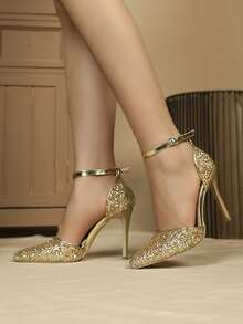 Sequin Decor Metallic Detail Ankle Strap Pumps - Gold - View 4