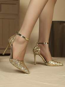 Sequin Decor Metallic Detail Ankle Strap Pumps - Gold - View 5