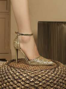 Sequin Decor Metallic Detail Ankle Strap Pumps - Gold - View 6