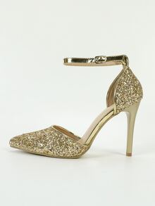 Sequin Decor Metallic Detail Ankle Strap Pumps - Gold - View 7