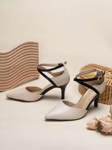 Two Tone Point Toe Ankle Strap Pumps, Apricot-Colored Elegant Contrast High Heels Shoes For Women,Elegant,Kitten Heels,Party - Apricot - View 4