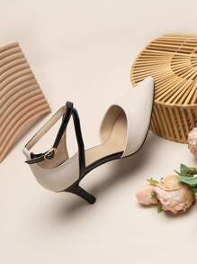 Two Tone Point Toe Ankle Strap Pumps, Apricot-Colored Elegant Contrast High Heels Shoes For Women,Elegant,Kitten Heels,Party - Apricot - View 6