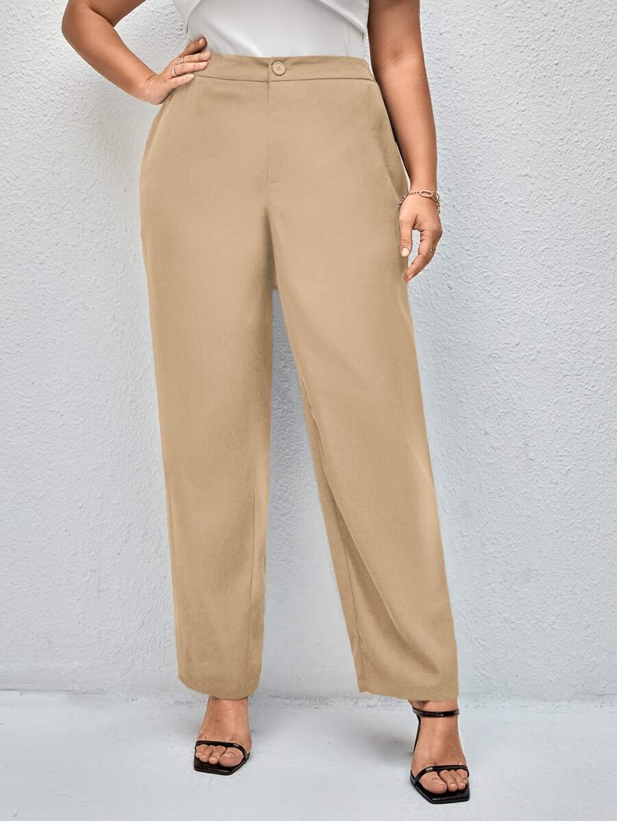 SHEIN LUNE 大碼高腰直筒褲 - 卡其色 - 查看 1