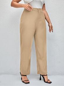 SHEIN LUNE 大碼高腰直筒褲 - 卡其色 - 查看 4
