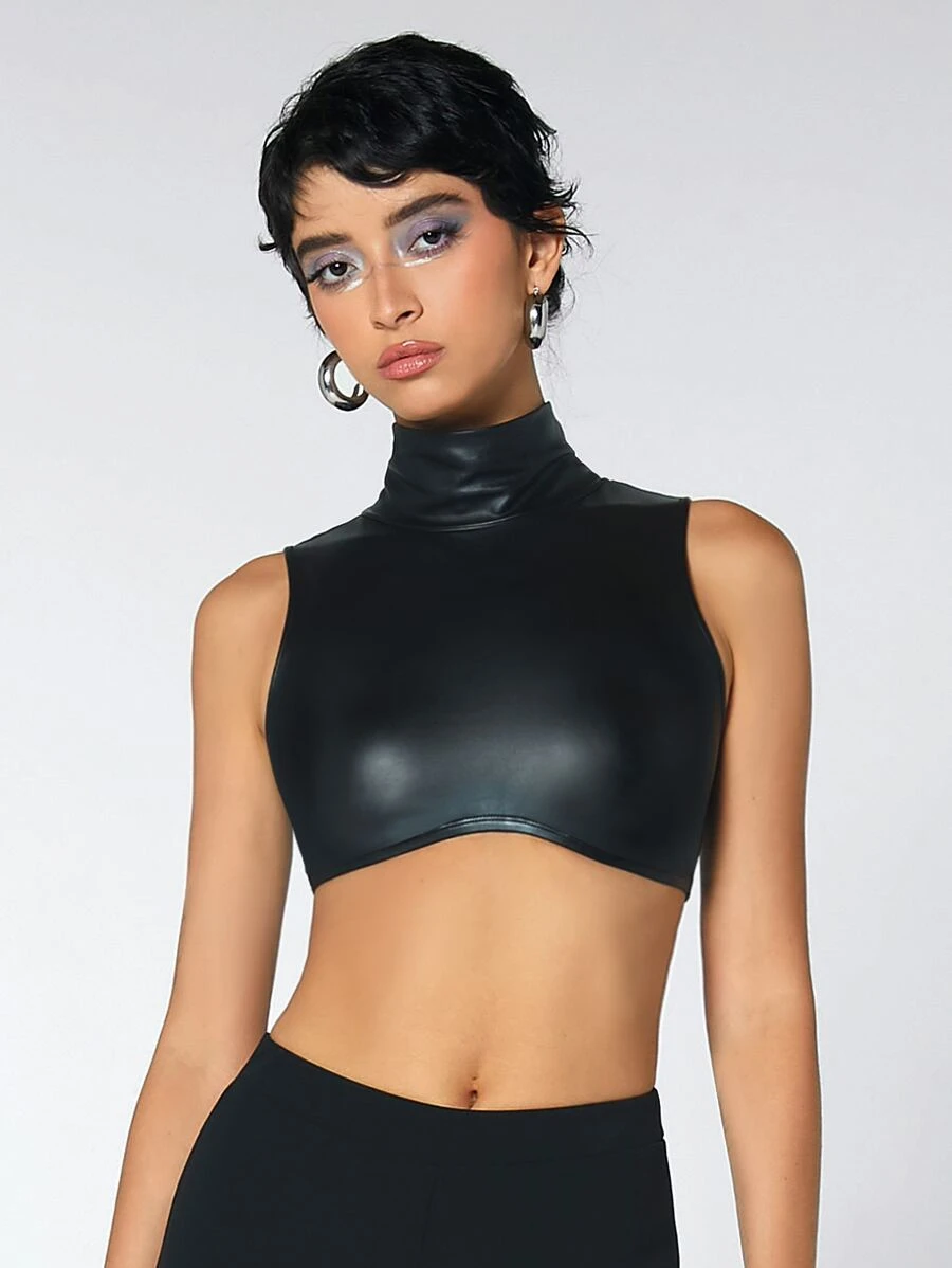 SHEIN ICON 小高領短款PU皮革背心上衣 - 黑色 - 查看 1