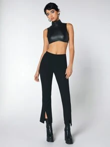 SHEIN ICON 小高領短款PU皮革背心上衣 - 黑色 - 查看 3