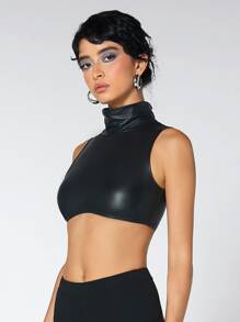 SHEIN ICON 小高領短款PU皮革背心上衣 - 黑色 - 查看 4