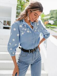 Simplee Blusa de mujer con cuello mao, manga abullonada y volantes, con estampado de posicionamiento para uso diario, primavera - Celeste - Ver 3