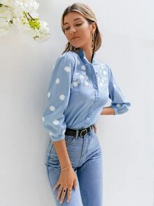 Simplee Blusa de mujer con cuello mao, manga abullonada y volantes, con estampado de posicionamiento para uso diario, primavera - Celeste - Ver 5