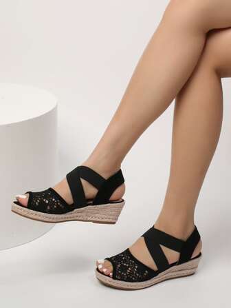 Moderiktiga ihåliga, halmvävda plattformssandaler med kilklack för kvinnor, ledig semester