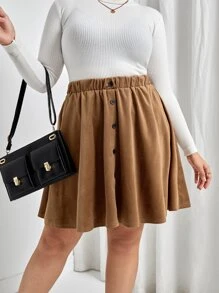Calvaya Váy Plus Size Nút phía trước màu trơn Giải trí - Cà phê nâu - Xem 1