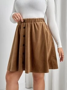 Calvaya Váy Plus Size Nút phía trước màu trơn Giải trí - Cà phê nâu - Xem 3