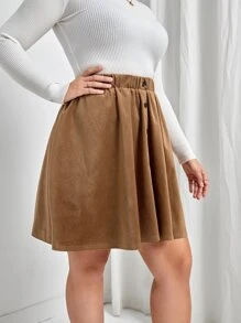 Calvaya Váy Plus Size Nút phía trước màu trơn Giải trí - Cà phê nâu - Xem 4
