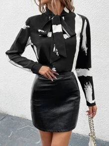 SHEIN Privé Colorblock Tie Neck Shirt