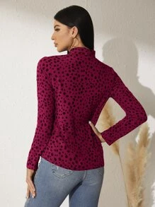 SHEIN Clasi Tie Neck Dalmatian Print Top - Maroon - View 2
