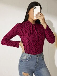 SHEIN Clasi Tie Neck Dalmatian Print Top - Maroon - View 3