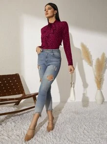 SHEIN Clasi Tie Neck Dalmatian Print Top - Maroon - View 4