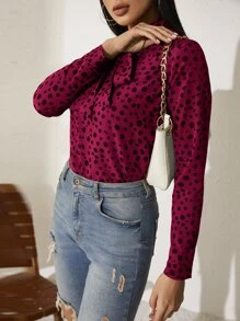 SHEIN Clasi Tie Neck Dalmatian Print Top - Maroon - View 5