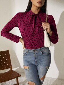 SHEIN Clasi Tie Neck Dalmatian Print Top - Maroon - View 6