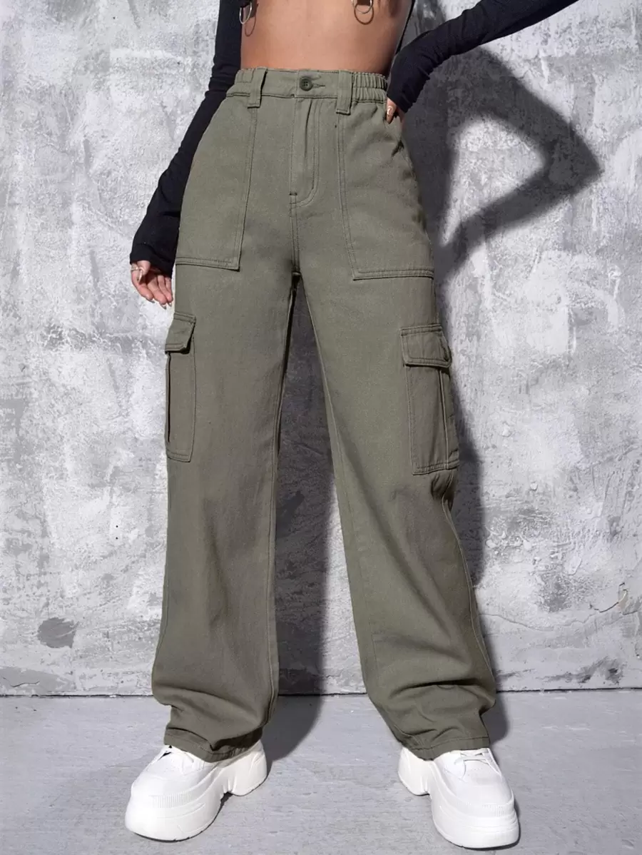 SHEIN ICON High Waist Flap Pocket Wide Leg Jeans - Army Green - View 1