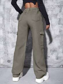 SHEIN ICON High Waist Flap Pocket Wide Leg Jeans - Army Green - View 2