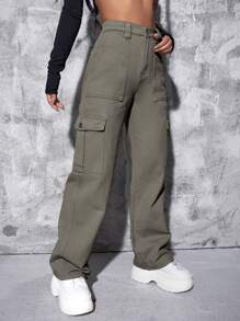 SHEIN ICON High Waist Flap Pocket Wide Leg Jeans - Army Green - View 3