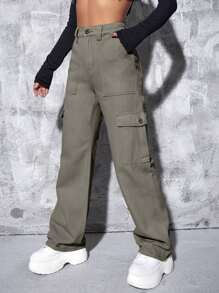 SHEIN ICON High Waist Flap Pocket Wide Leg Jeans - Army Green - View 4