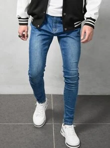 ROMWE MEN Men Cotton Bleach Wash Skinny Jeans - Navy Blue - View 3