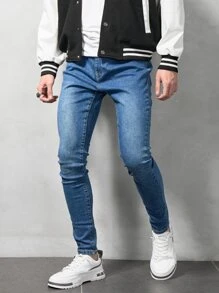 ROMWE MEN Men Cotton Bleach Wash Skinny Jeans - Navy Blue - View 4