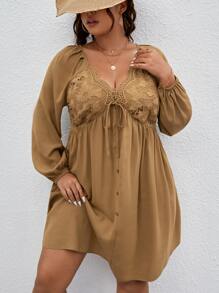 SHEIN LUNE Plus Guipure Lace Insert Knot Front Lantern Sleeve Dress - Brown - View 1