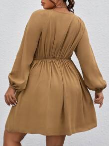 SHEIN LUNE Plus Guipure Lace Insert Knot Front Lantern Sleeve Dress - Brown - View 2