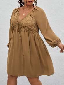 SHEIN LUNE Plus Guipure Lace Insert Knot Front Lantern Sleeve Dress - Brown - View 3