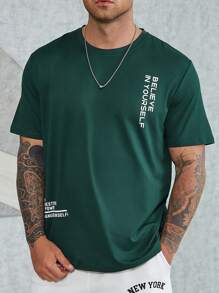 Manfinity Homme 男士標語圖案T恤無項鏈 - 墨綠色 - 查看 3