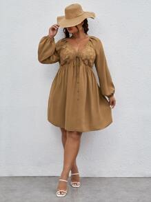 SHEIN LUNE Plus Guipure Lace Insert Knot Front Lantern Sleeve Dress - Brown - View 4
