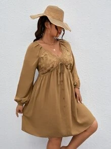 SHEIN LUNE Plus Guipure Lace Insert Knot Front Lantern Sleeve Dress - Brown - View 5