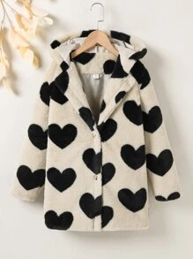 青少年女孩心形圖案連帽毛茸茸外套 - 卡其色 - 查看 1