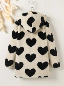 青少年女孩心形圖案連帽毛茸茸外套 - 卡其色 - 查看 2