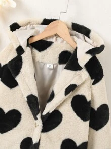 青少年女孩心形圖案連帽毛茸茸外套 - 卡其色 - 查看 4