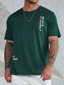 Manfinity Homme 男士標語圖案T恤無項鏈 - 墨綠色 - 查看 4