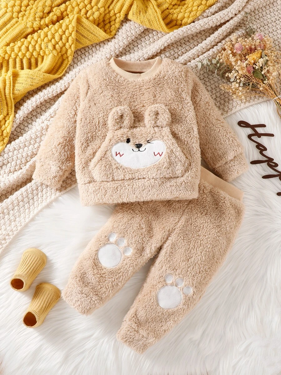 Baby Cartoon Embroidery 3D Ears Design Flannel Top & Pants - Khaki - View 1