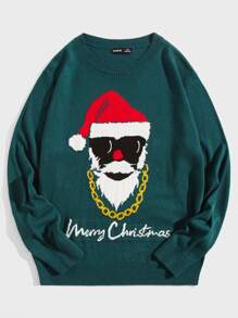 Manfinity Men Ugly Christmas Santa & Letter Pattern Jumper - Teal Blue - View 1