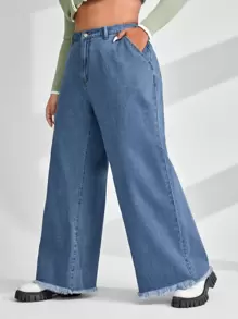 Plus High Waist Raw Hem Wide Leg Jeans - Medium Wash - View 1
